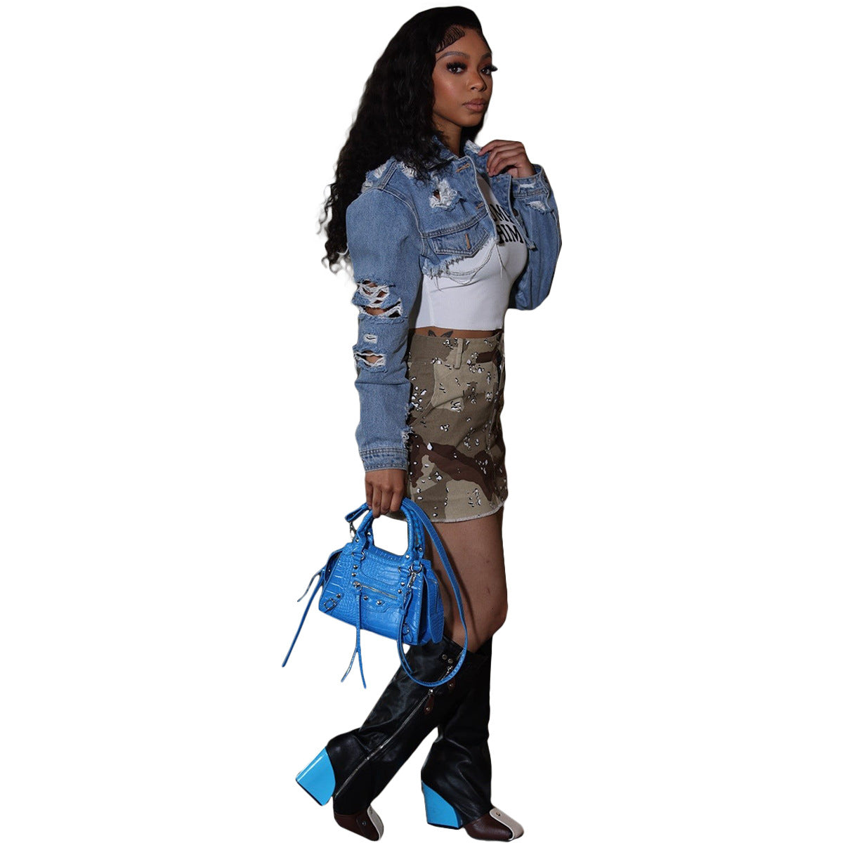 Women Irregular Denim Ripped Wash Casual Jacket 5