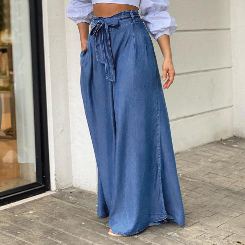 Plus Size Women Casual Denim Strappy High Waisted Wide Leg Pants