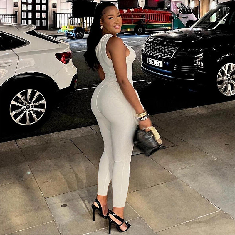 Summer Women's Lace-Up One-Shoulder T-Shirt High Waist Slim Casual Pants Two Piece Set For Women 3