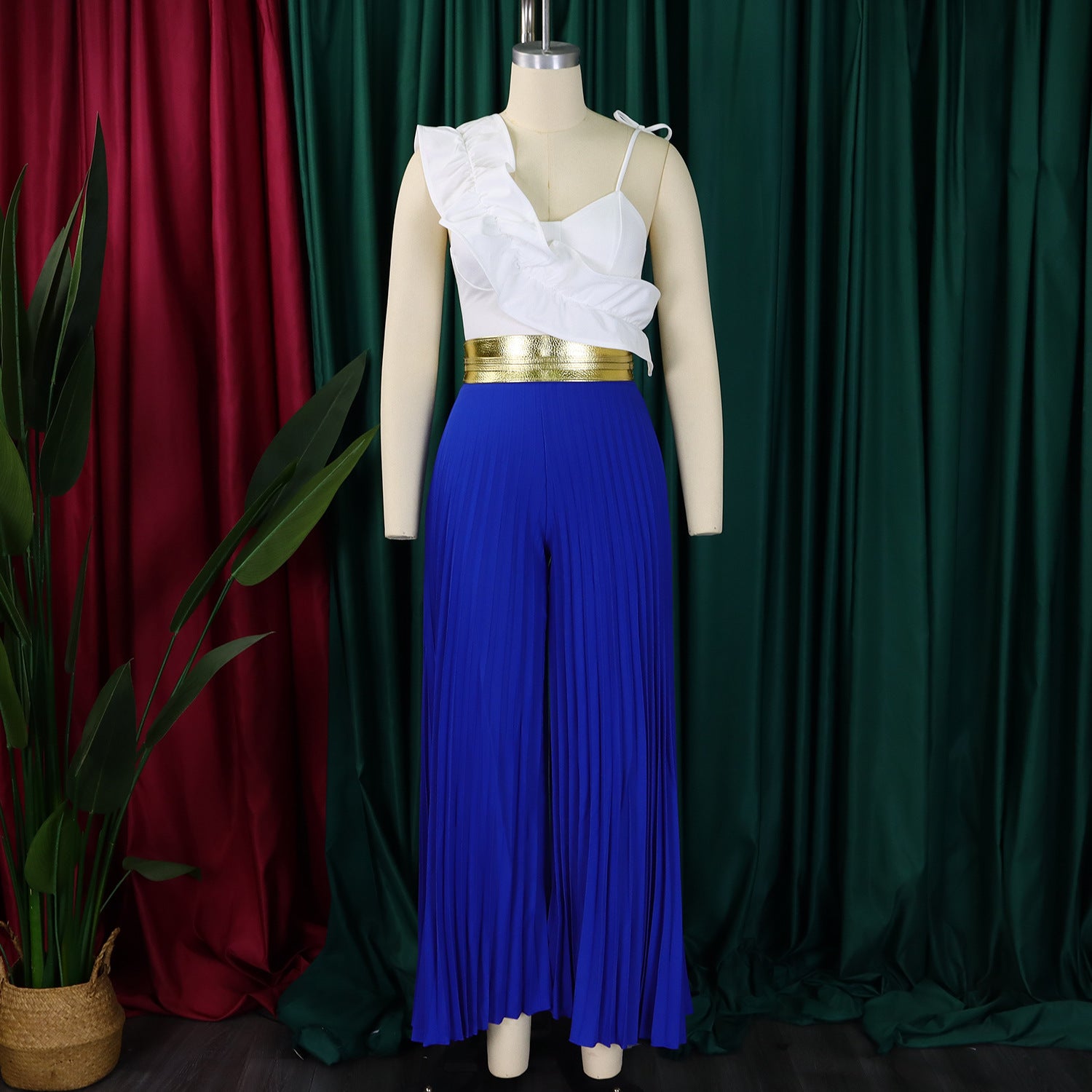 Women's Sexy Ruffle Sleeveless Top Wide Leg Pants Fashion Suit 19