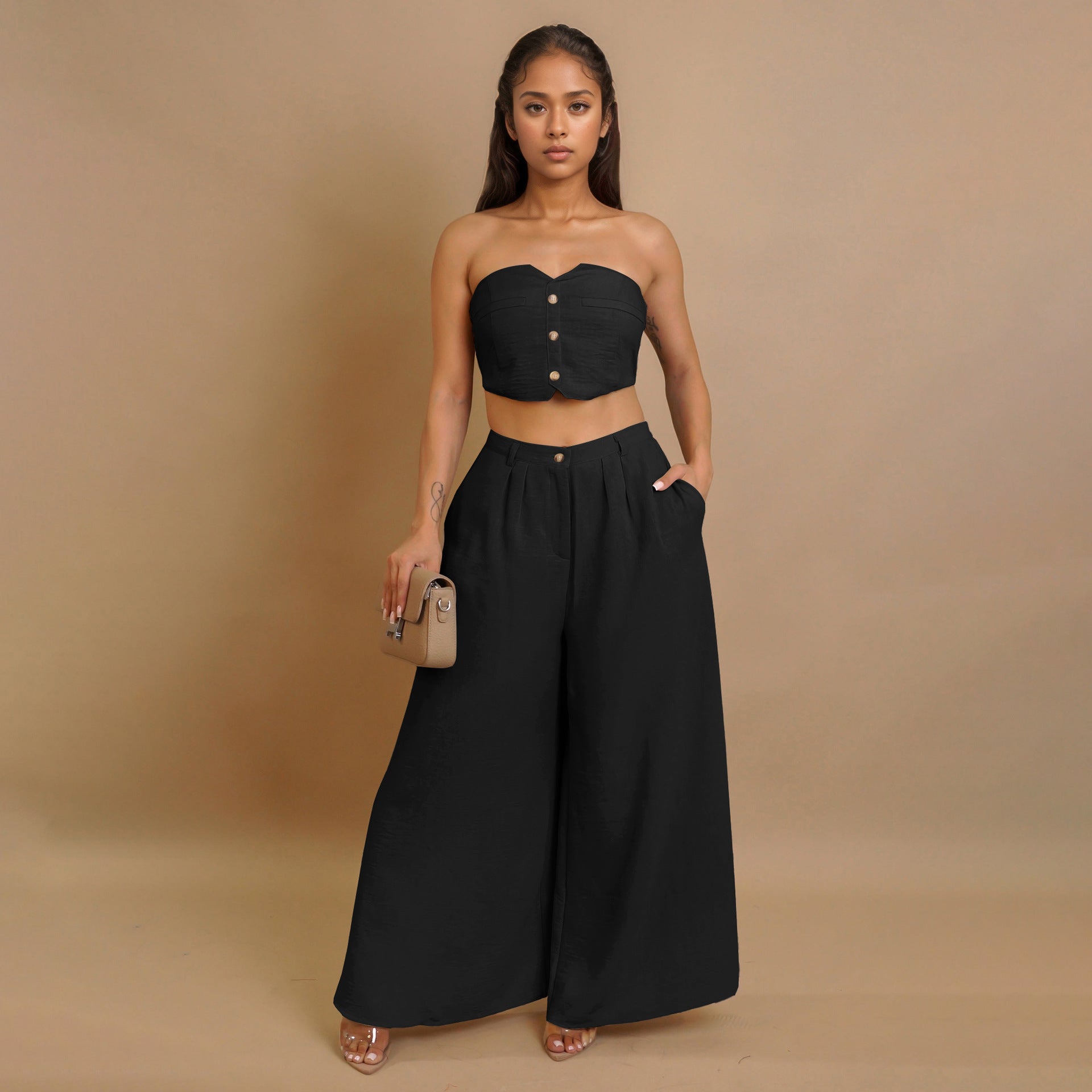 Women sexy sretchy strapless vest and wide-leg pants two-piece set 3