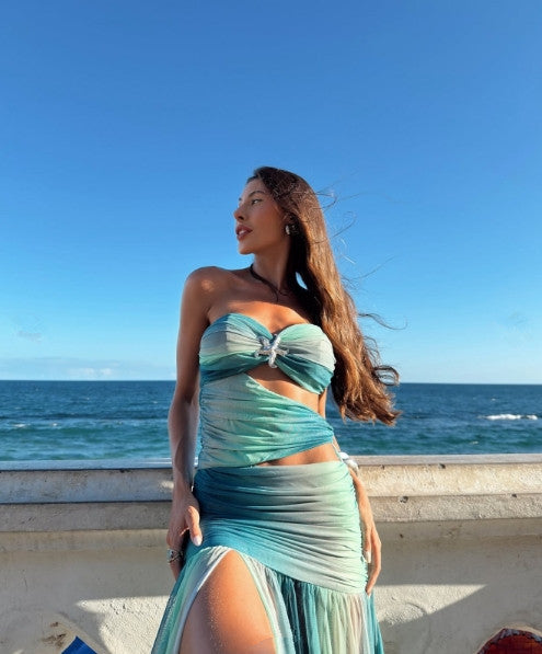 Gradient Color Strapless Hollow Out Long Gown Sexy Casual Summer Dress for Vacation 6