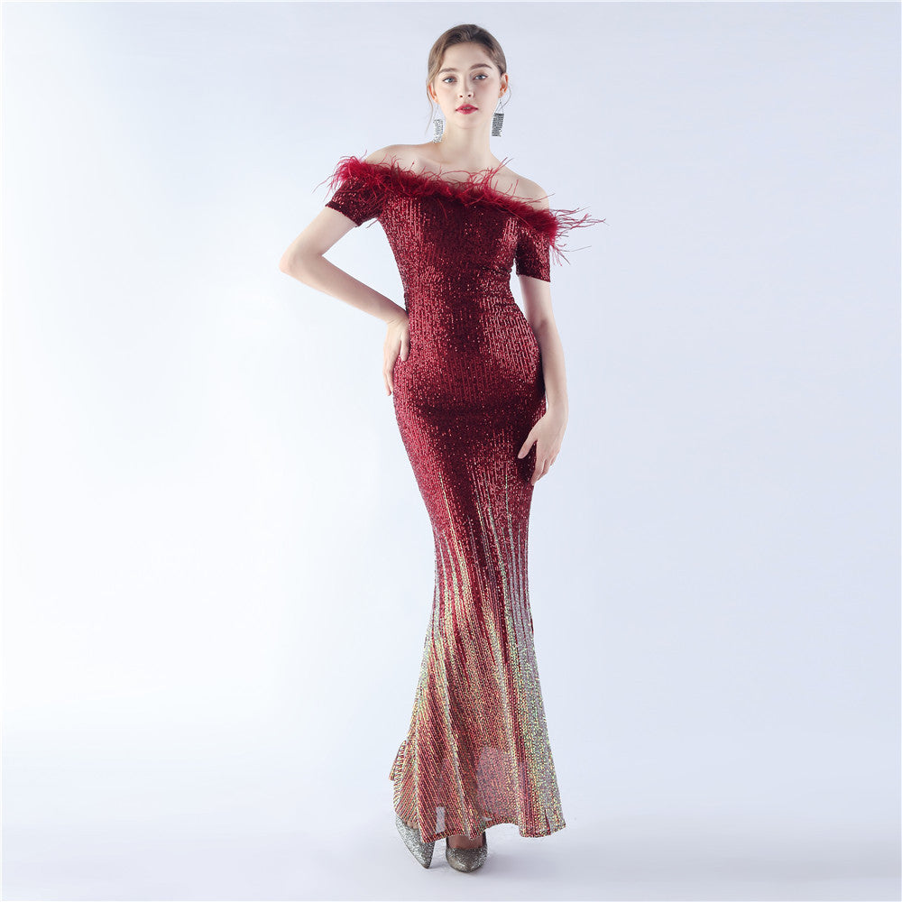 Women craft ostrich feather gradient sequins Off Shoulder evening dress