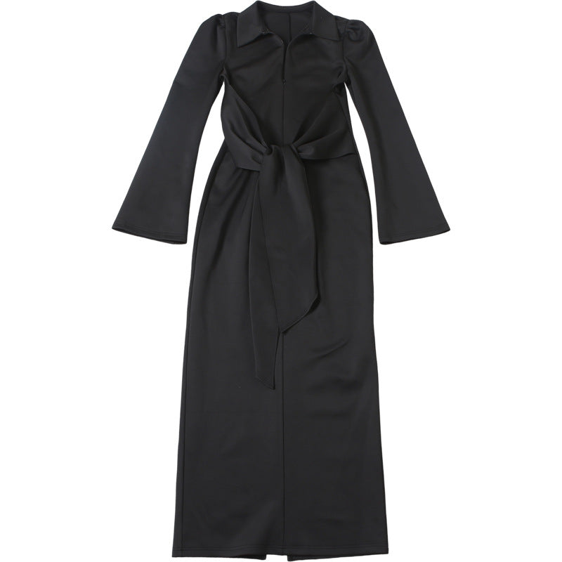 Autumn Women's Solid Color Chic Turndown Collar Slim Waist Lace-Up Zipper Long Sleeve Dress 10