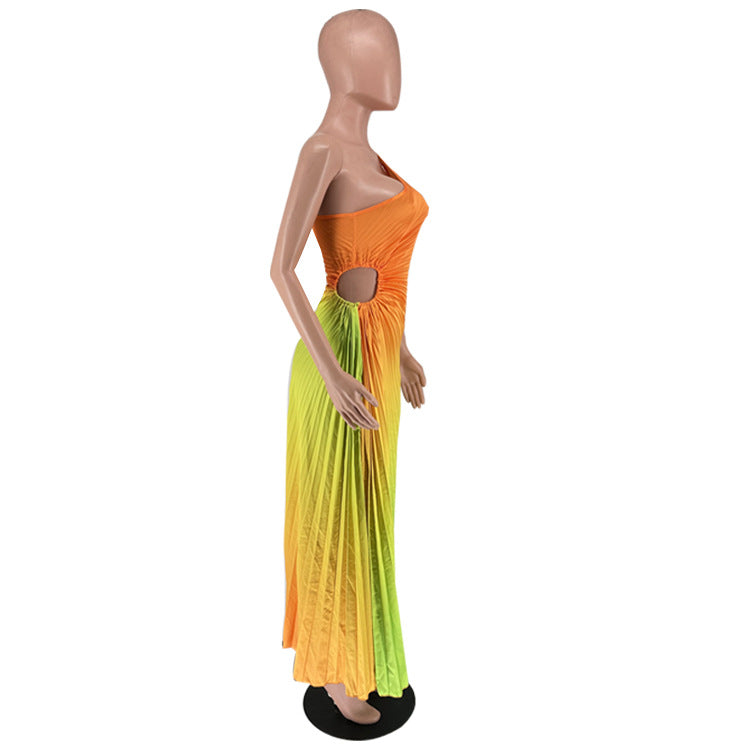 Women's Fashion Gradient Printed One Shoulder Pleated Maxi Dress 15
