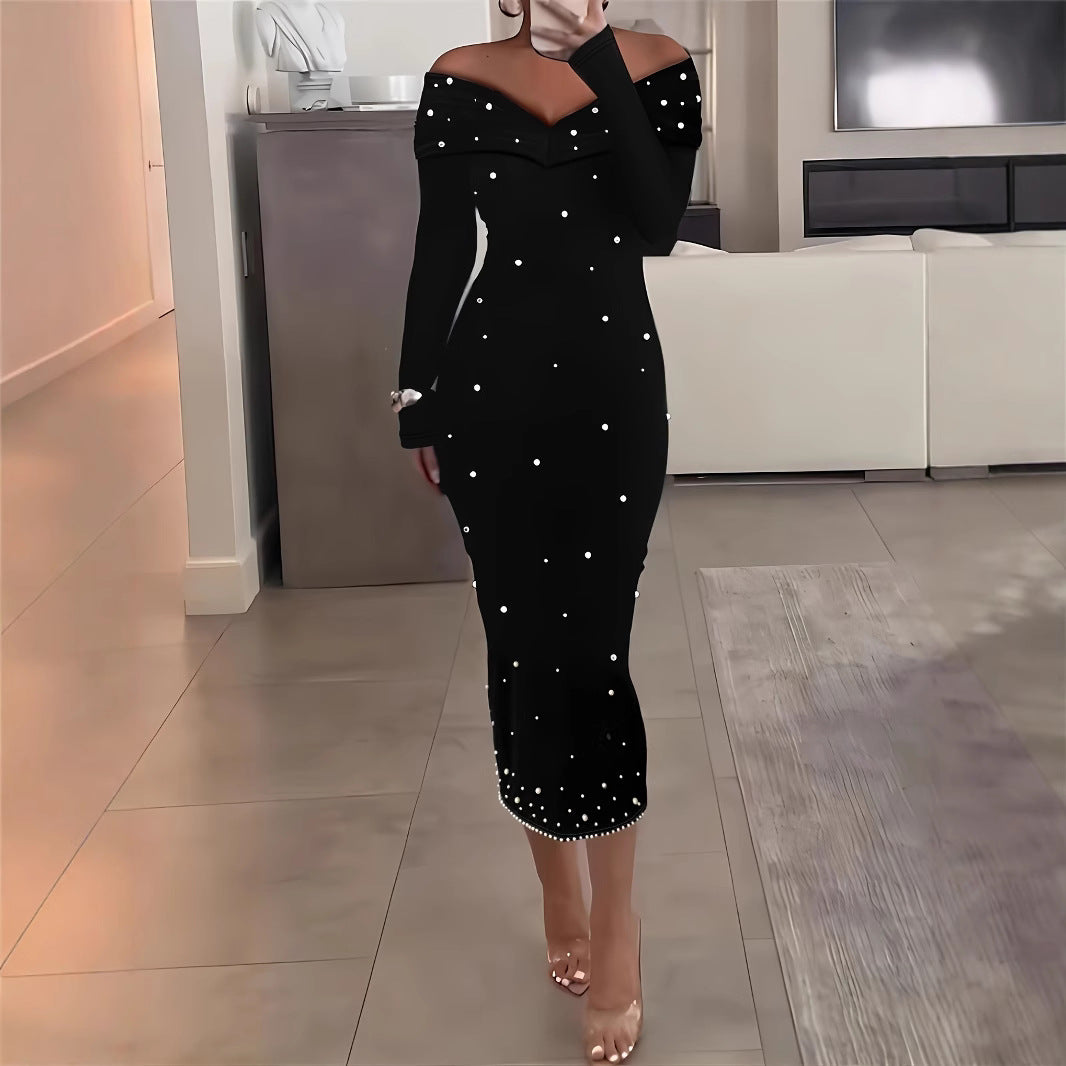 Fashionable And Elegant Off-Shoulder Solid Color Long Sleeve Beaded Bodycon Dress 8