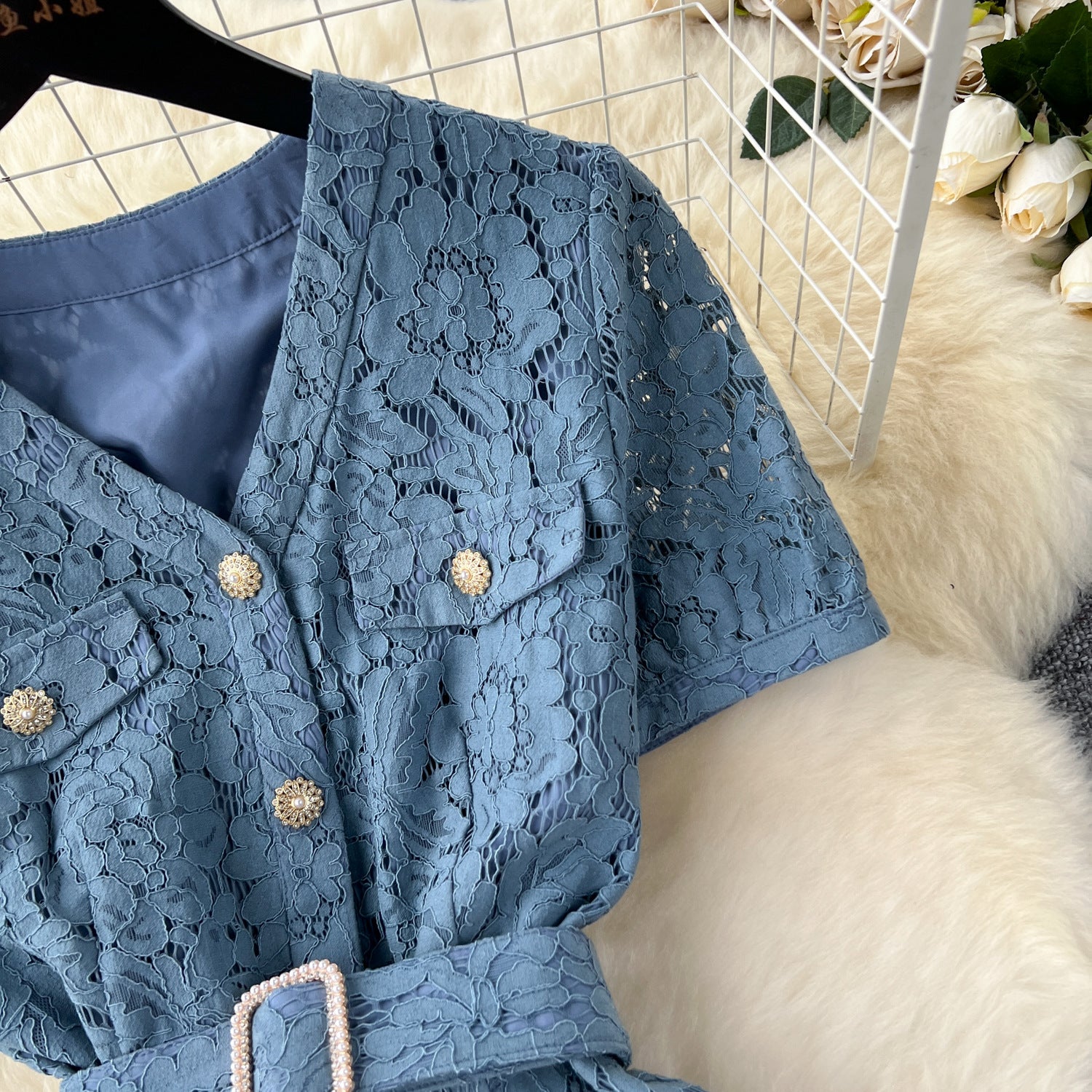 Women French V-Neck Metal Buttoned Mesh Patchwork Lace Ruffle Dress 12