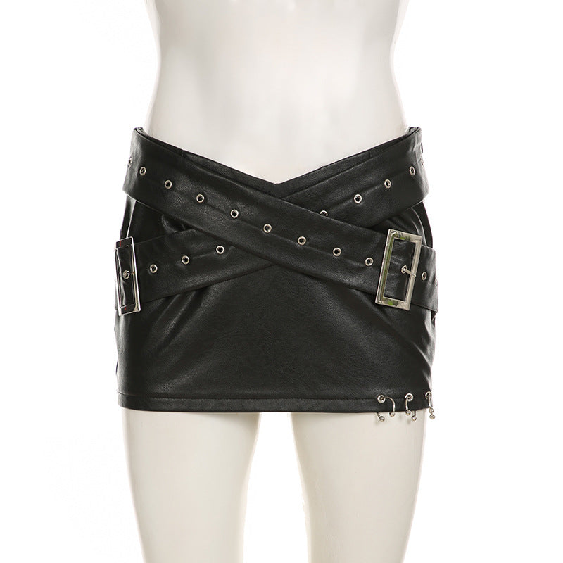 Punk Sexy Leather V-Neck Strap Vest Top Hollow Pin Buckle Adjustable Skirt Set 26