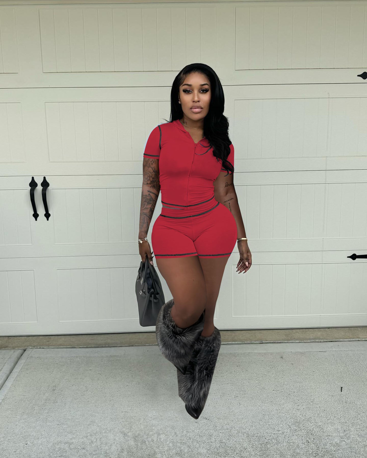 Summer Zipper Hooded High Stretch Sports Casual Short Sleeve Two Piece Shorts Set 5