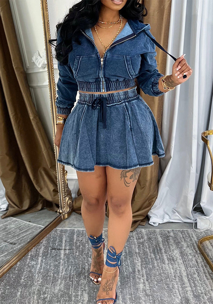 Women Denim Jacket and Skirt Two Piece Set