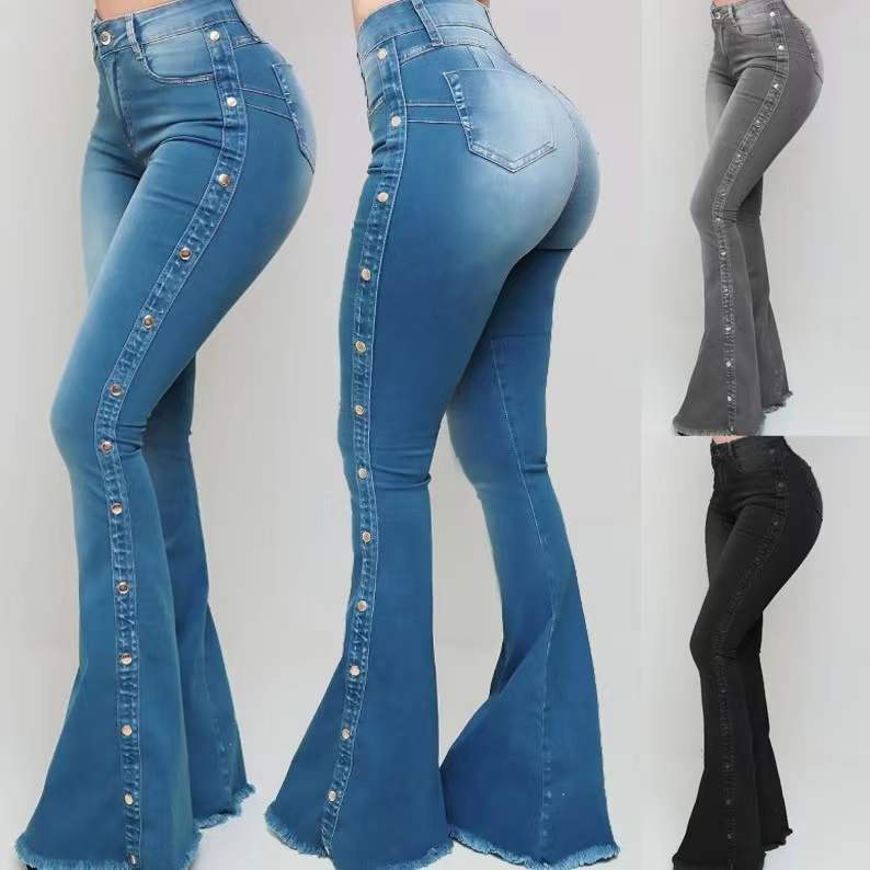 Women Elastic Bell Bottom Denim Pants 6