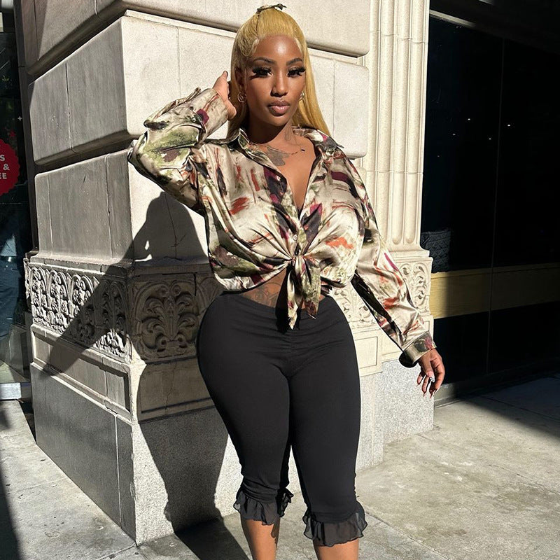 Women's Spring and Summer Ruffled V Waist Solid Color Elastic 7-point Casual Pants 21