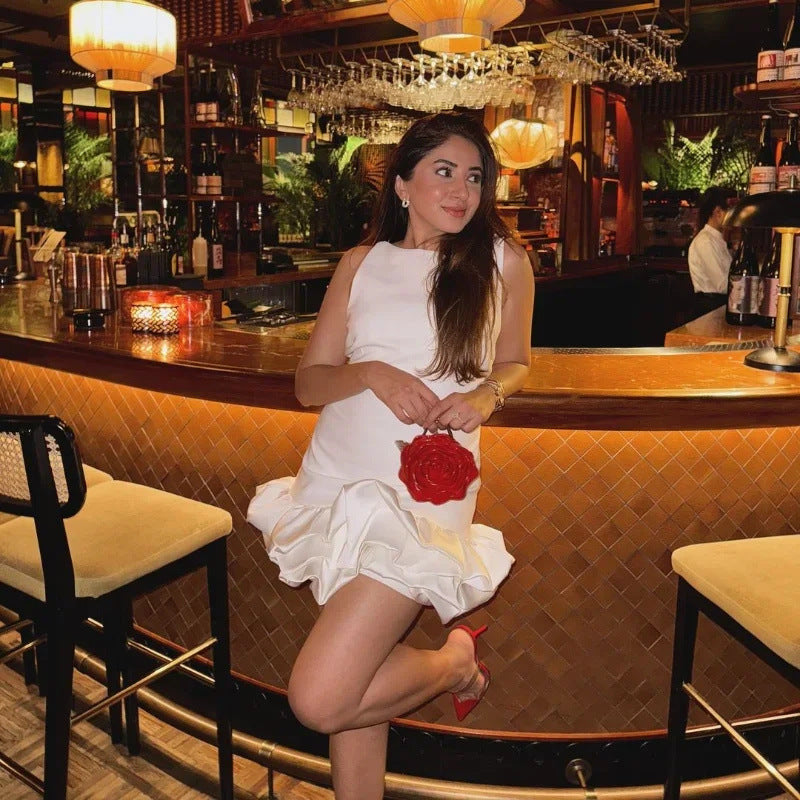 Women's Fashionable White Sleeveless Short Ruffle Dress 12