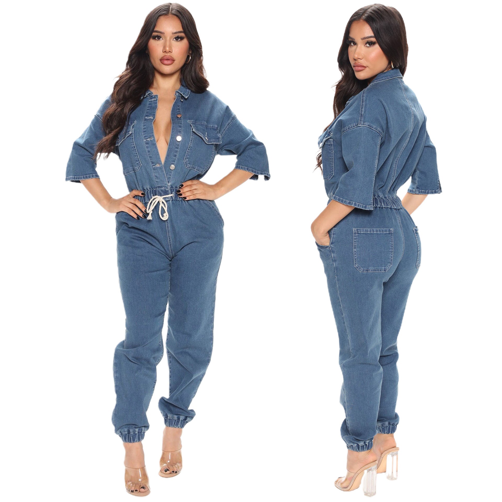 Women Casual Pocket Half Sleeve Denim Jumpsuit