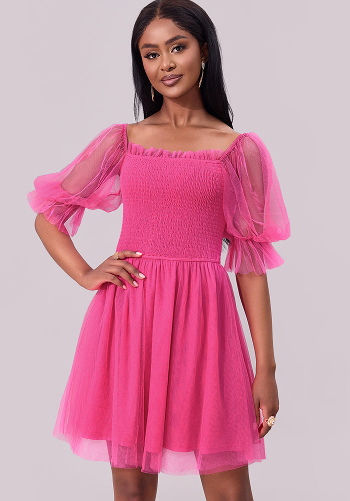 Women Formal Dress Off Shoulder Long Sleeve Pleated Mesh Dress