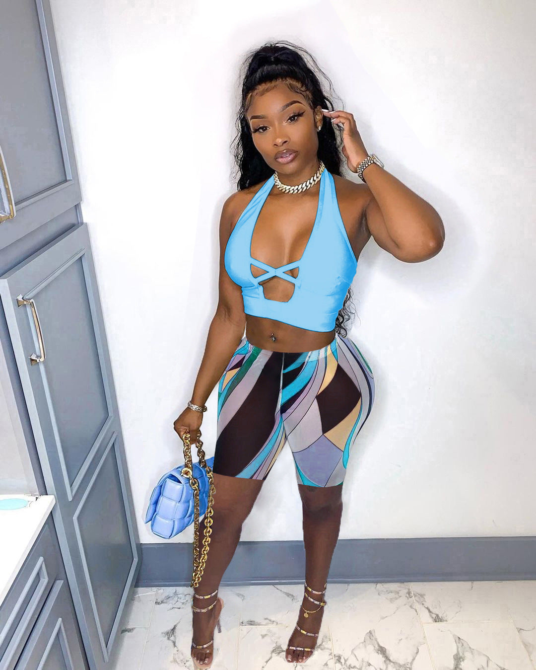 Women's Halter Neck Cross Hollow Low Back Tank Top Printed Shorts Two-Piece Set 6