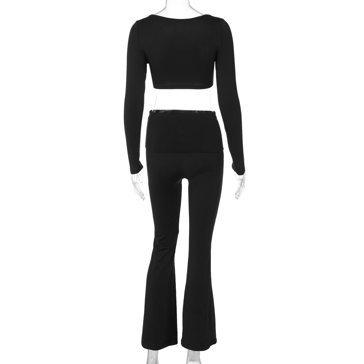 Women Solid Long Sleeve Square Neck Top and Bell Bottom Long Pants Casual Two-piece Set 7