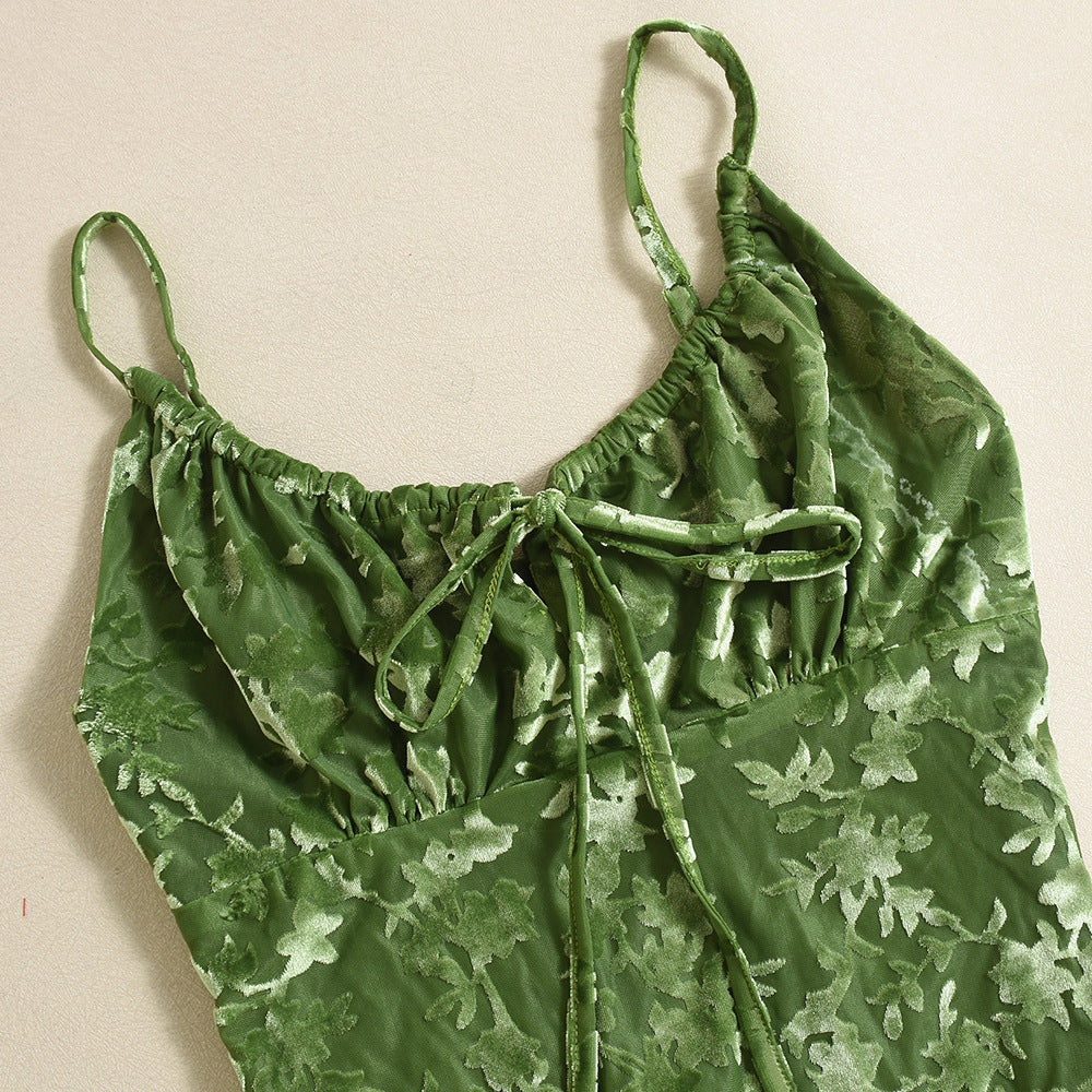 Spring Strap Flocking Sexy Slim Midi Dress for Women 11