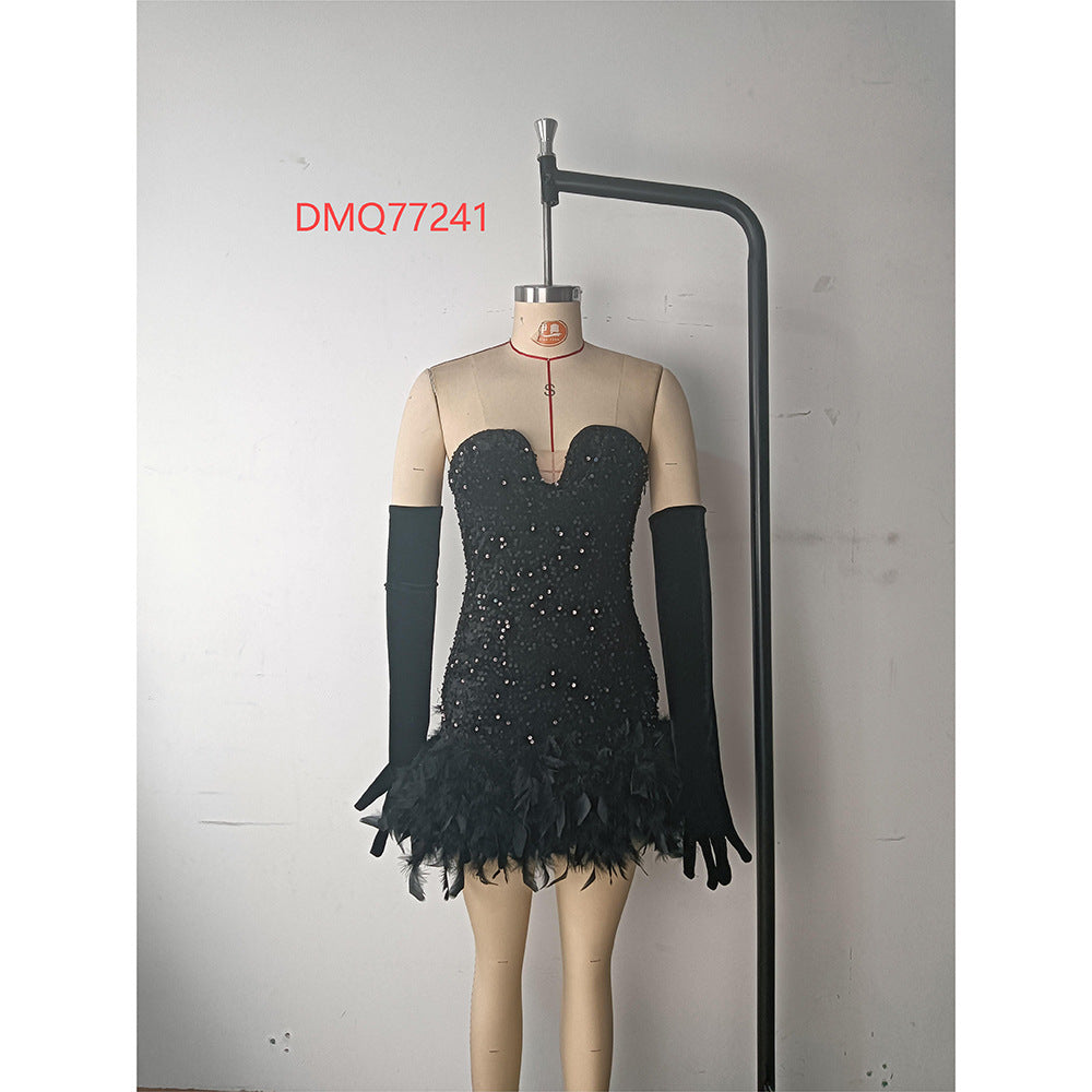 Spring Autumn Fashion Sexy Strapless Sequin Feather Sleeves Formal Party Dress 9