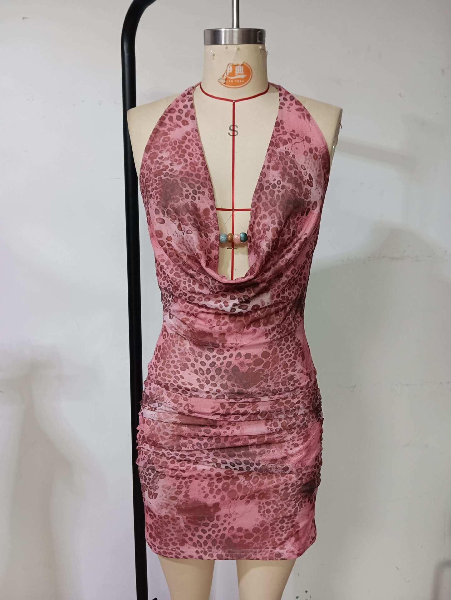 Women's Sexy Mesh Printed Drop Collar Cut-Out Low Back Halter Neck Lace-Up Short Dress 10