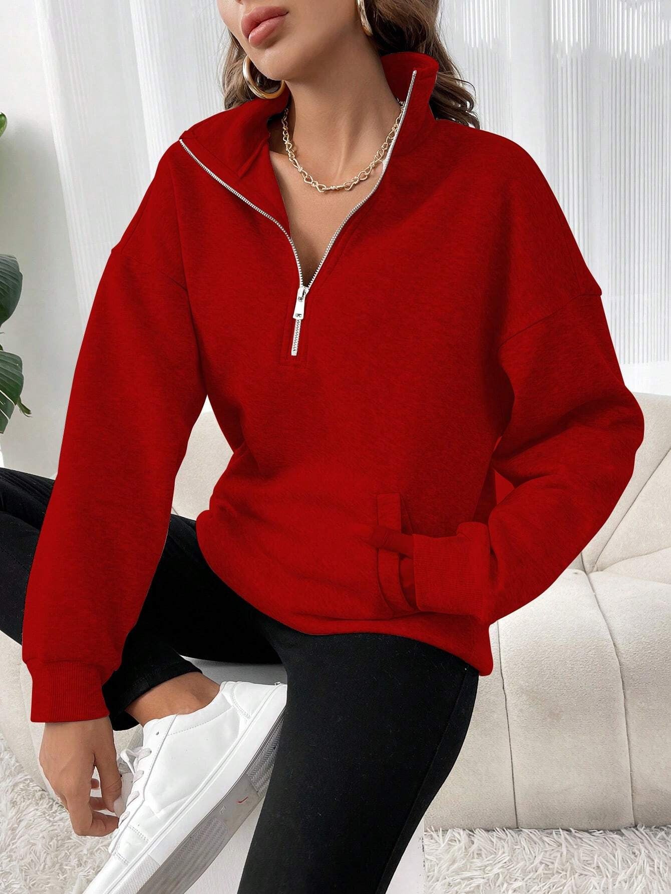 Autumn Winter Fashion Zipper Turndown Collar Solid Color Casual Women Top 13