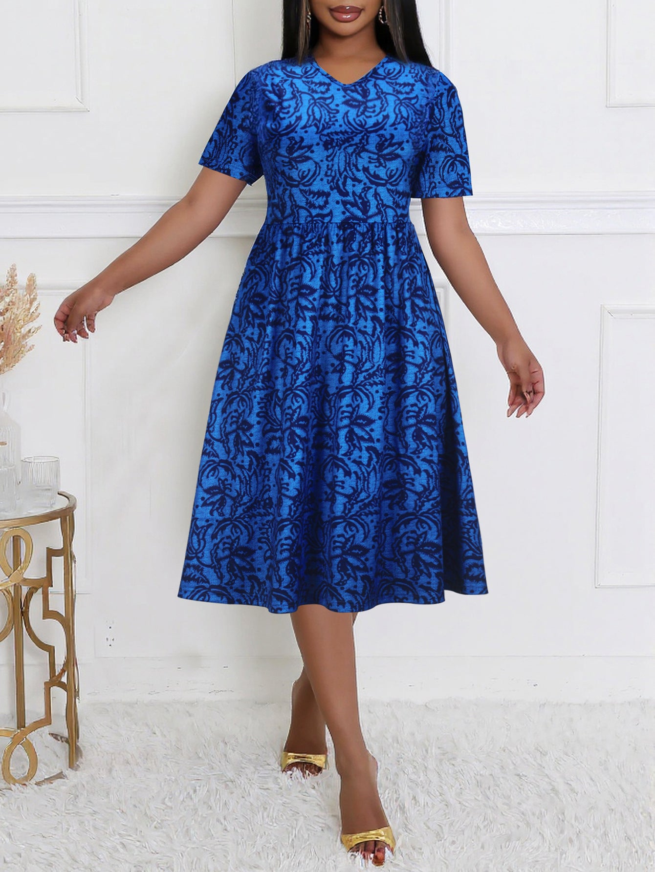 Plus Size Women Elegant V-neck Short Sleeve Maxi Dress 4