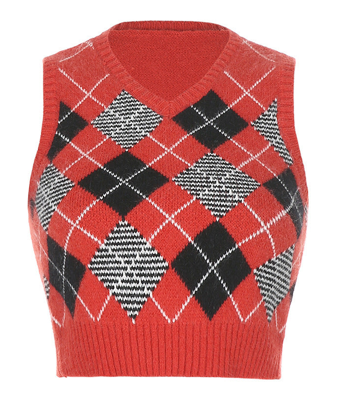 Women Solid Plaid Sleeveless V-Neck Sweater 18