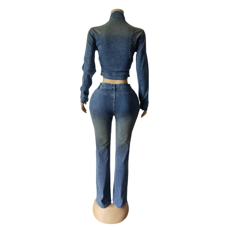 Denim Stretch Long Sleeve Jacket Flared Pants Set 4