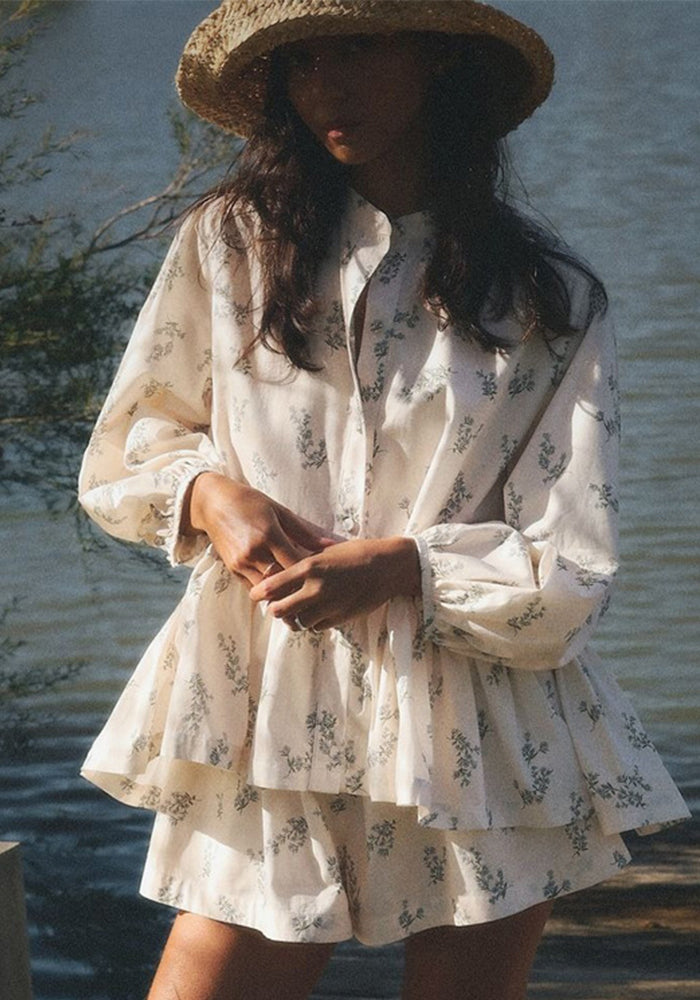 Puff Sleeve Ruffled Puff Shirt Printed Shorts Two Piece Set