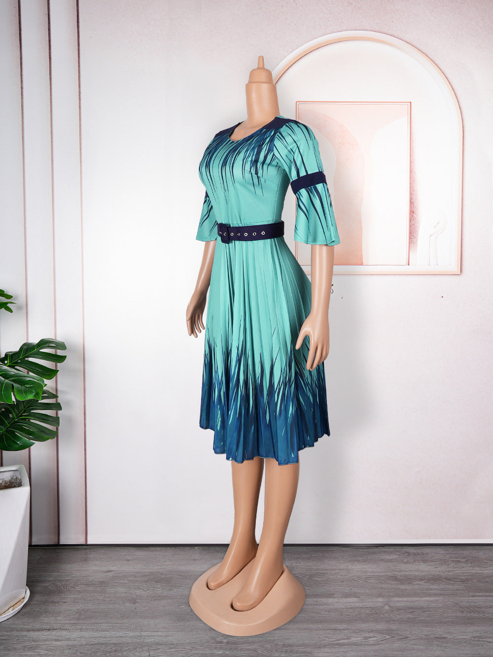 Plus Size African Dress Women High Waist Fashion Round Neck Printed Pleated Dress 18