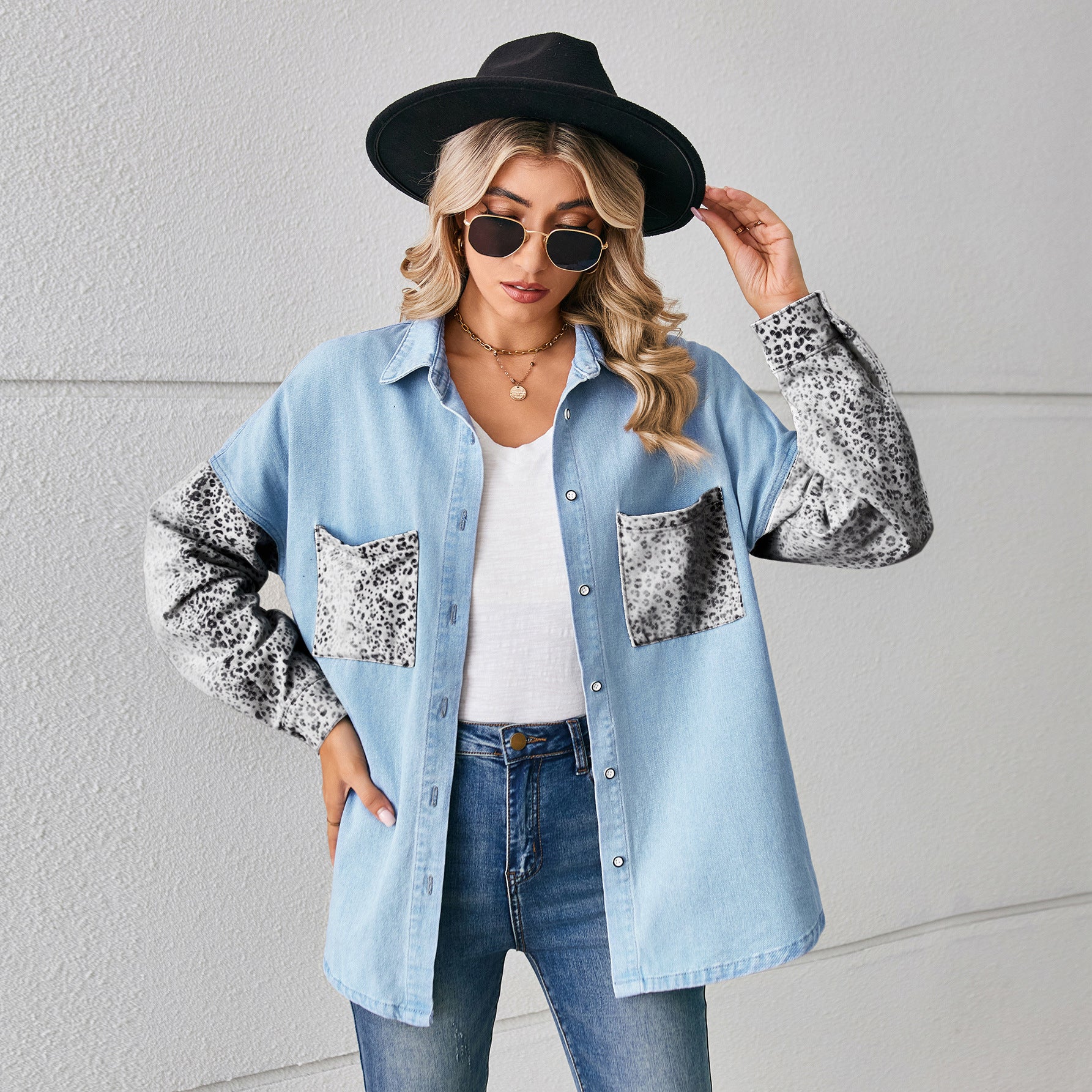 Women Loose Leopard Patchwork Denim Long Sleeve Shirt 6