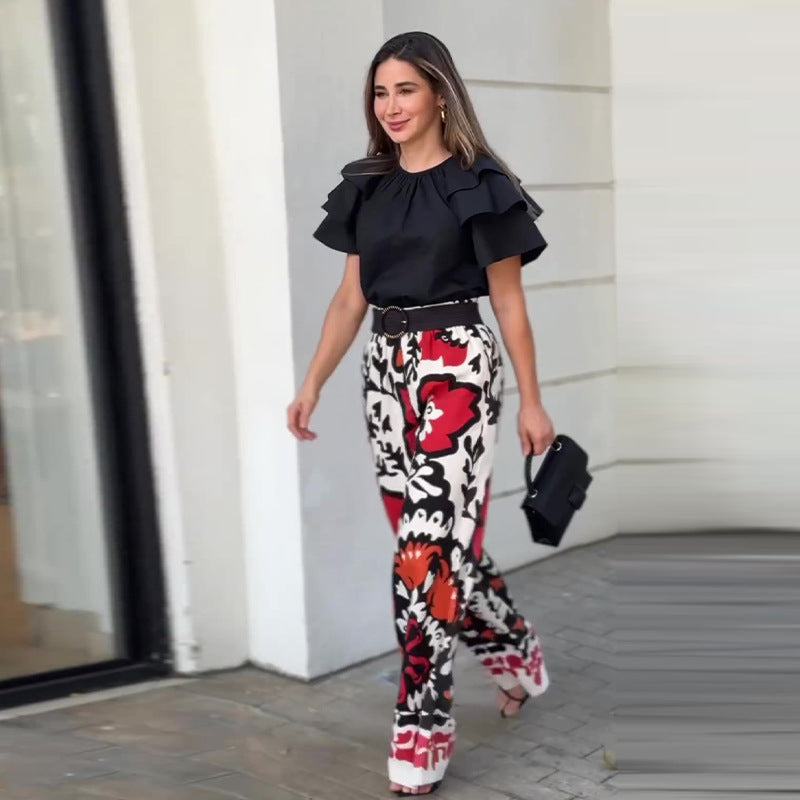 Summer ruffled Round Neck top fashion printed trousers Casual set 5