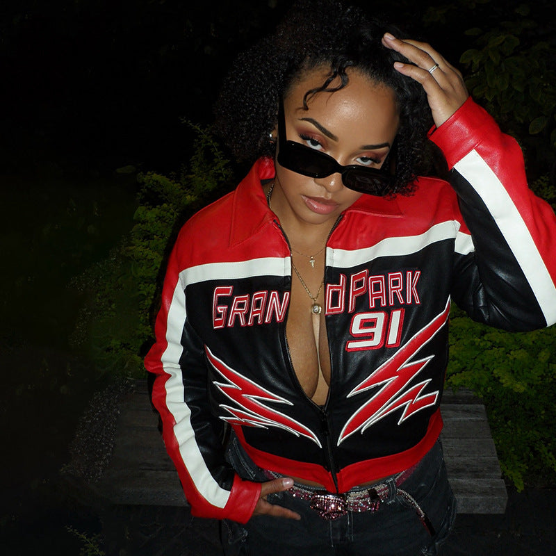 Women Embroidered Turndown Collar Zipper Crop Jacket