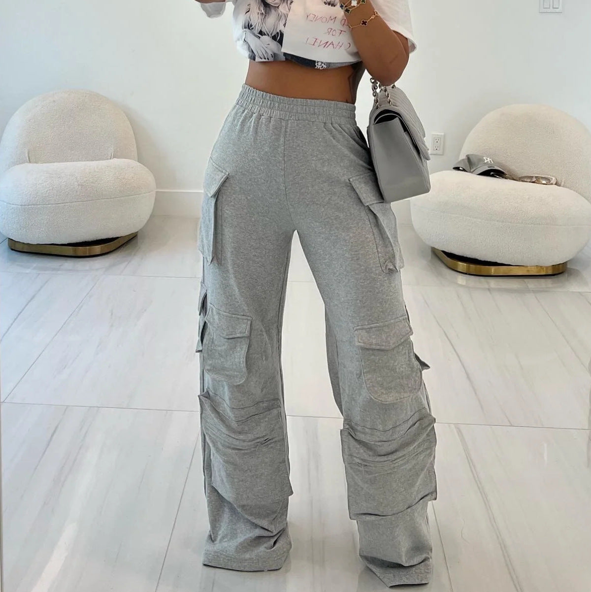 Autumn Winter's Elastic Waist Multi-Pocket Patchwork Loose Straight Leg Long Pants