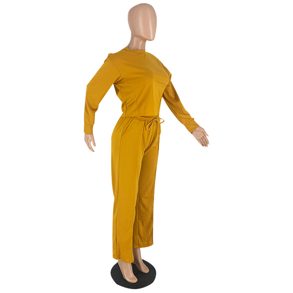 Solid Color Long Sleeve Pocket Straight Pants 2 Piece Set 57