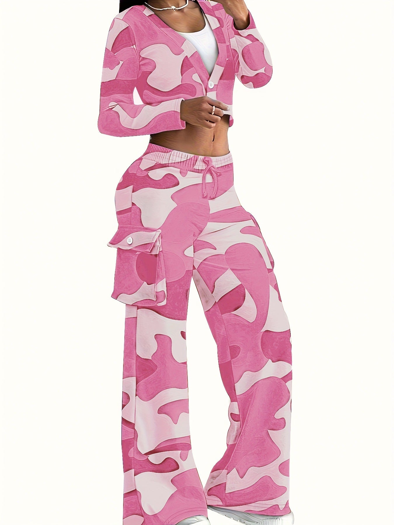 Women Camo Print Casual Sexy Crop Top and Pants Two-piece Set 14