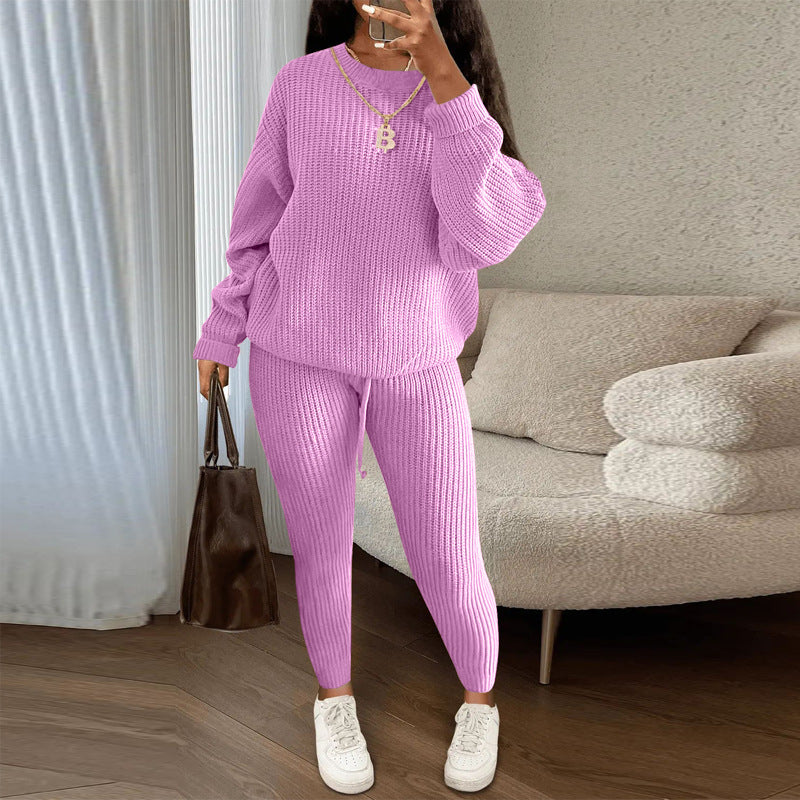 Fashion Casual Knitting Two Piece Pants Set Solid Long Sleeve Loose Sweater Trouser Suits Women's Clothing 32