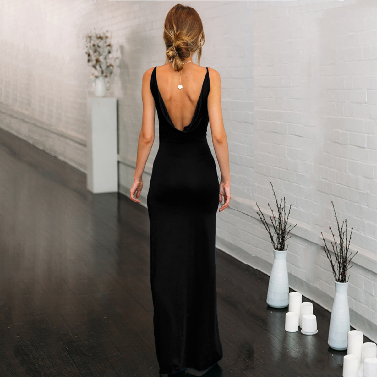 Women V-Neck Sexy Backless Slit Strap Dress 8