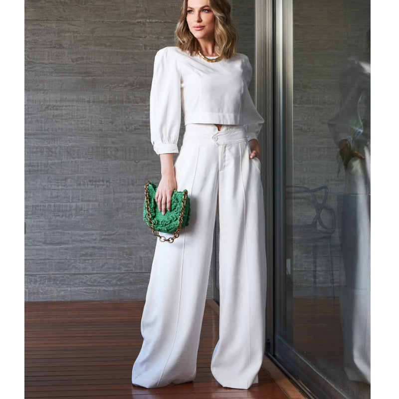 Women autumn long-sleeved Top and high-waisted wide-leg pants two-piece set 8