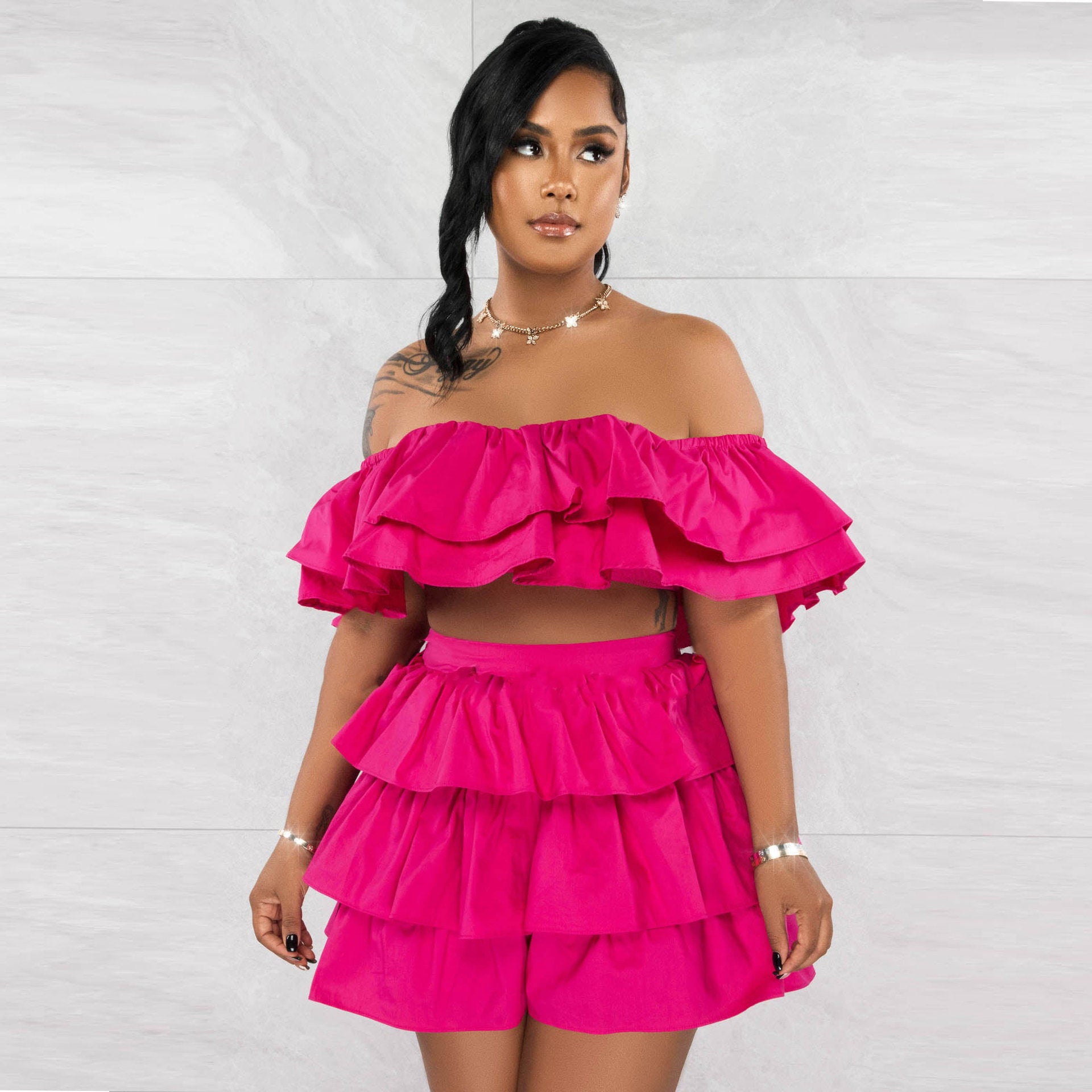 Women Sexy Ruffle Top and Shorts Two-Piece Set