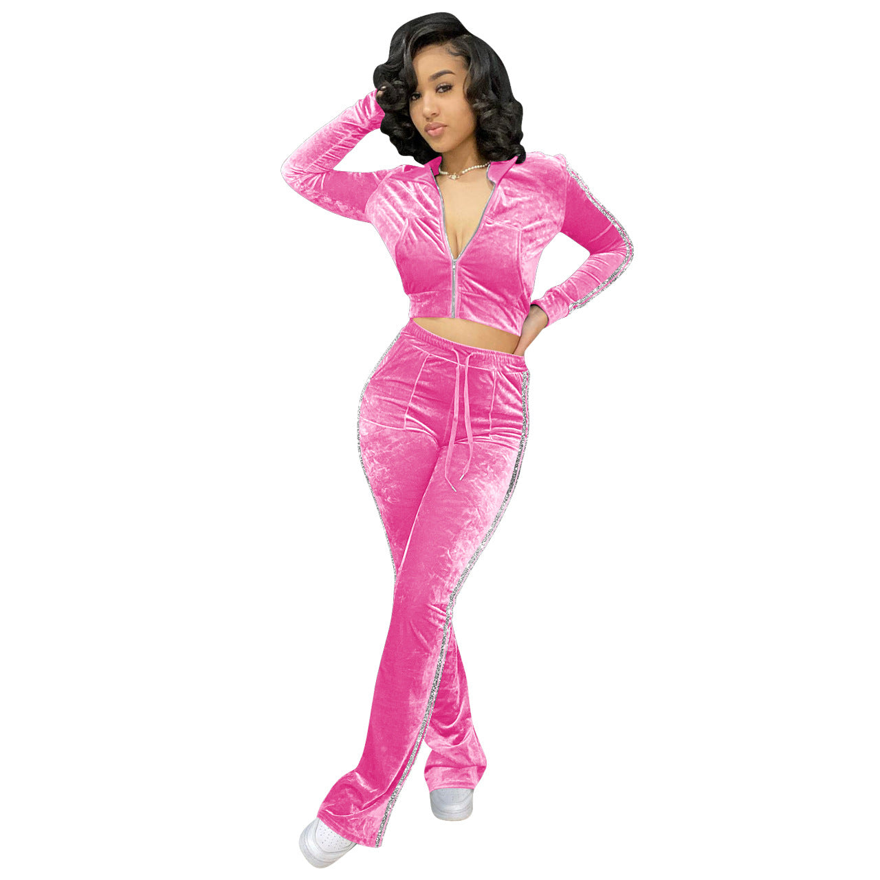 Women's Solid Velvet Casual Zip Top Wide Leg Pants Two Piece Tracksuit 36