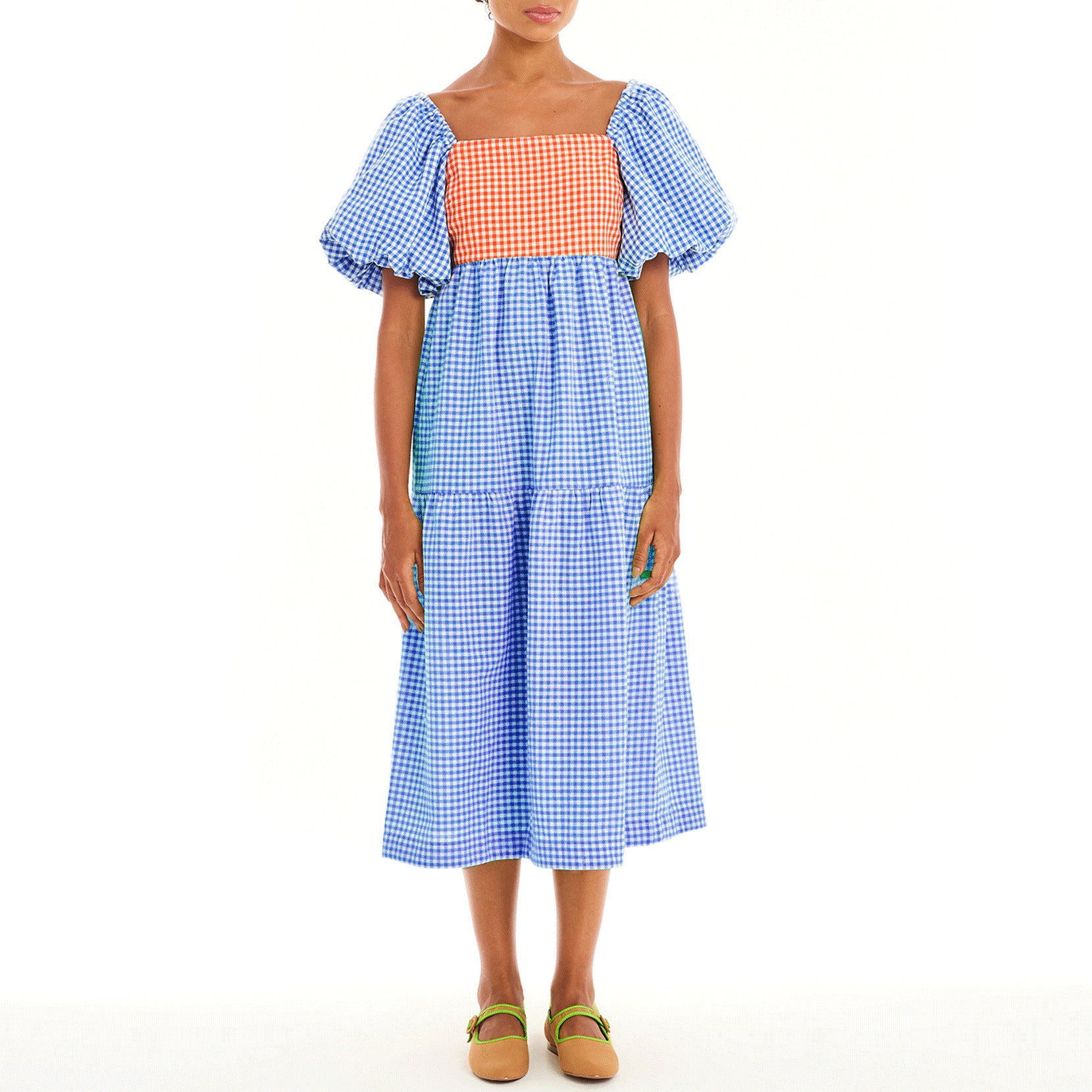 Women Color Block Backless Strappy Balloon Sleeve Dress 10