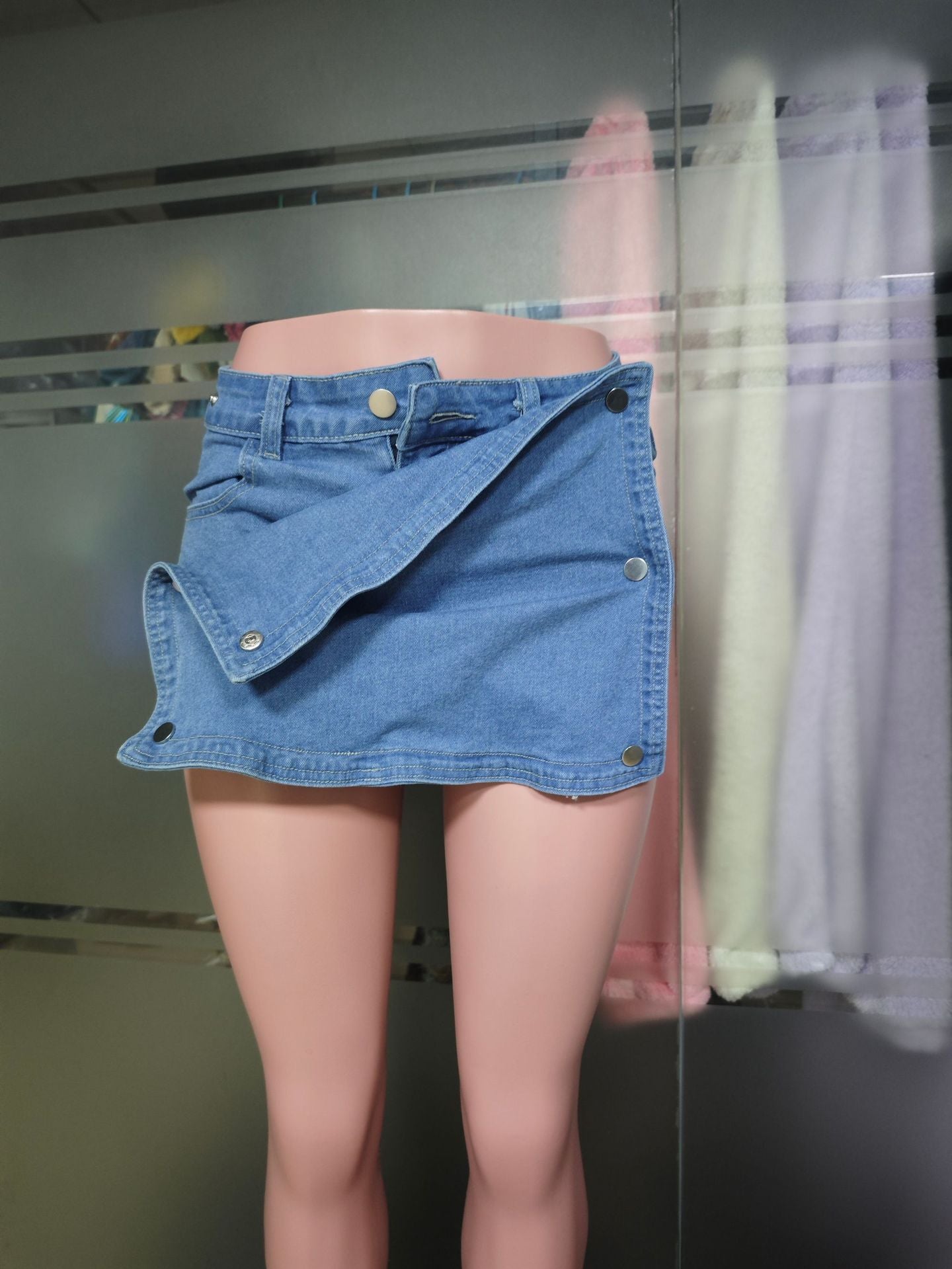 Fashion Sexy Tight Fitting Women's Trendy Solid Color Elastic Button Denim Short Skirt 9