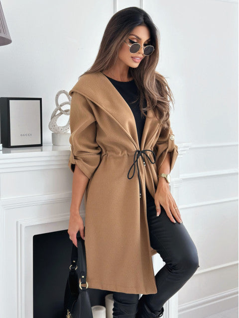 Women Turndown Collar Drawstring Solid Woolen Coat 5