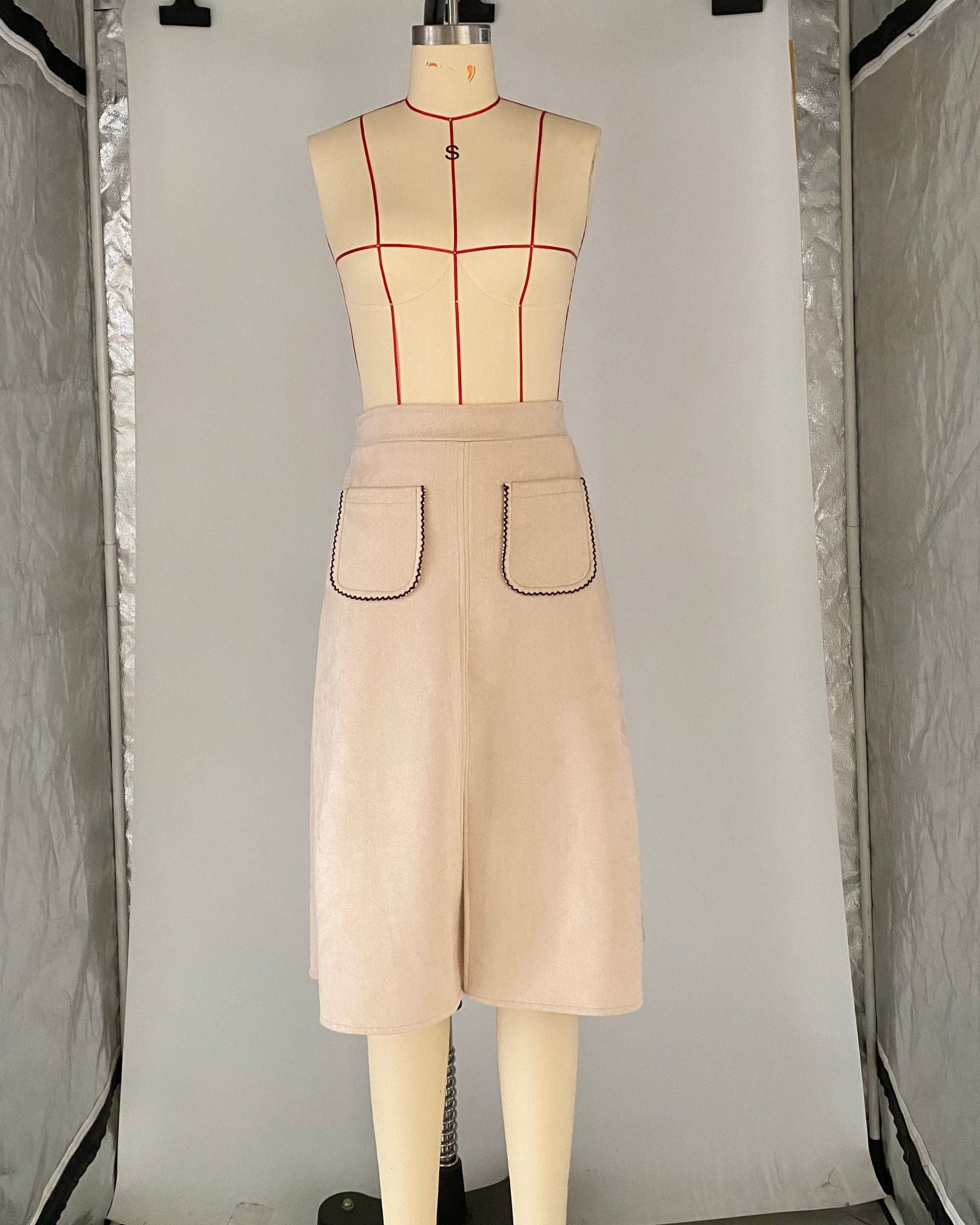 Women's Faux Suede Autumn And Winter Elastic Waist Front Pocket A-Line Midi Skirt 12