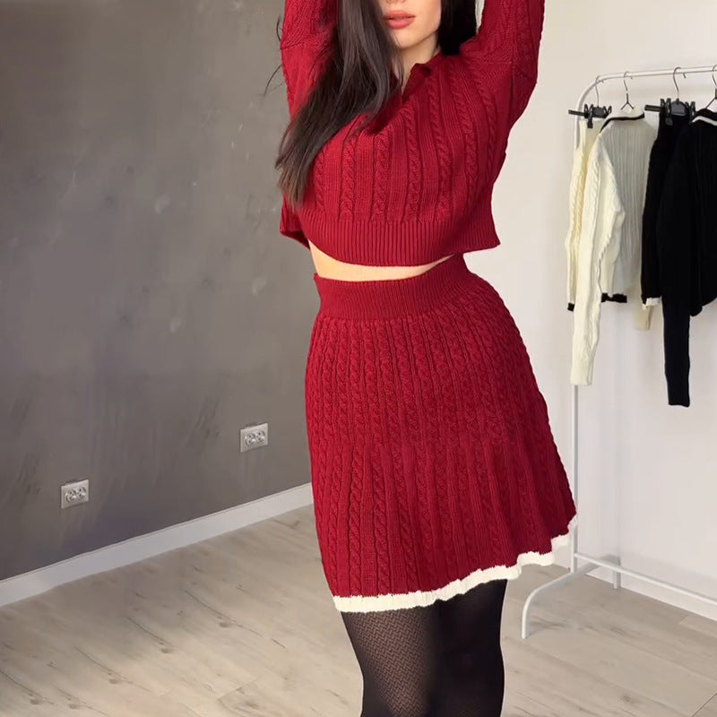 Women Knitting Long Sleeve Top and Skirt Two Piece Set 11