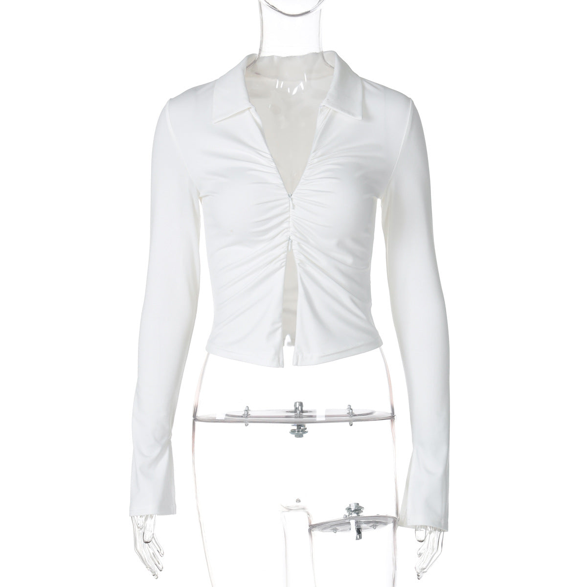 Women Fall Zipper Turndown Collar Long Sleeve Crop T-shirt 10