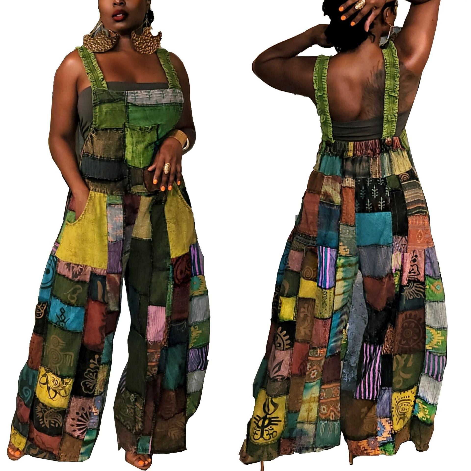 Women'S Printed Boho Bib Pants Strap Wide Leg Jumpsuit 8