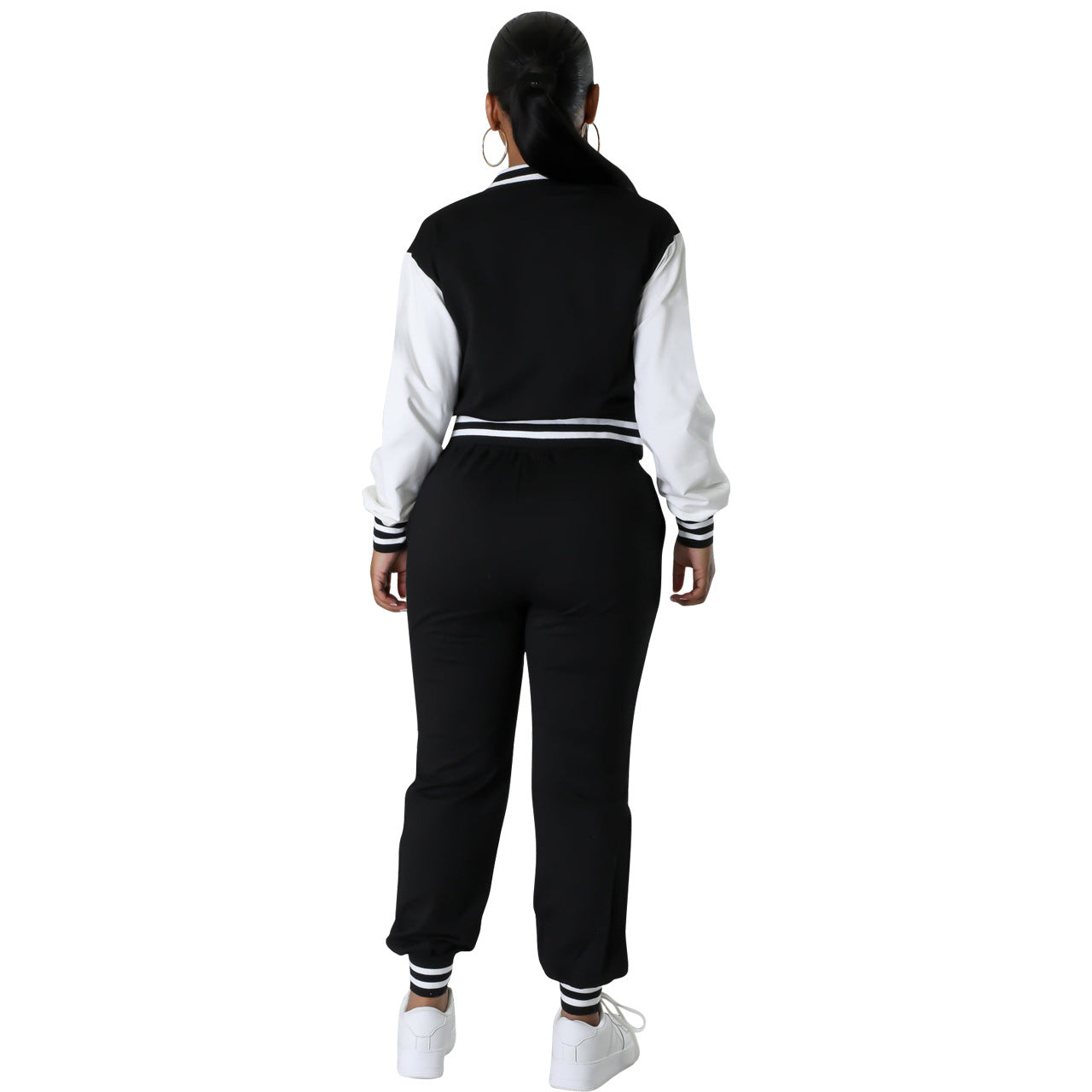 Women's Fashion Patchwork Single Breasted Baseball Jacket pants Two-Piece Suit 6