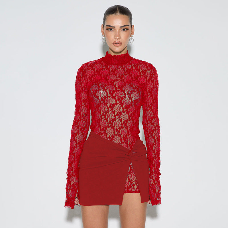 Women Solid Lace See-Through Long Sleeve Top and Skirt Two-piece Set 4